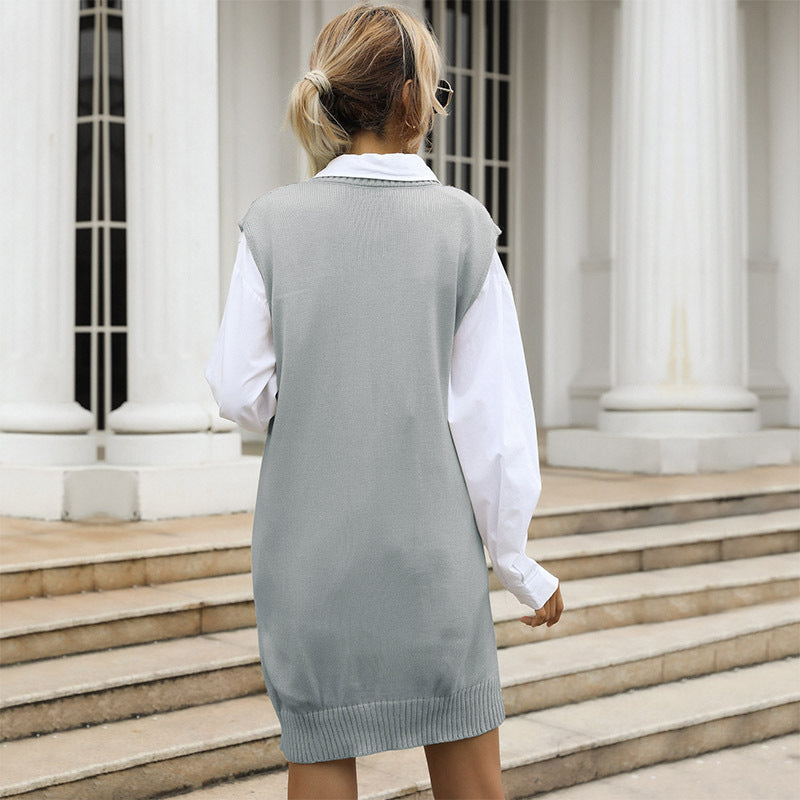 Damen Strickkleid V-Ausschnitt dekorativer Gürtel