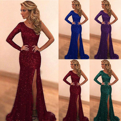 Damen Abendkleid Glitzernd Asymmetrisch Hoch Beinschlitz Schwarz - Eveloria