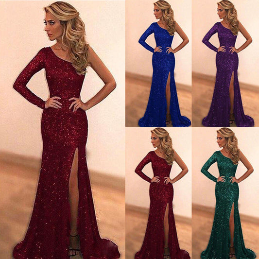 Damen Abendkleid Glitzernd Asymmetrisch Hoch Beinschlitz Schwarz - Eveloria