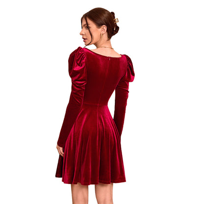 Damen Elegantes Samt Minikleid Puffärmel V-Ausschnitt Eveloria