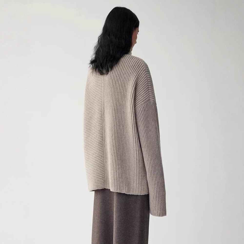Damen Grobstrickcardigan Hochkragen Knopfleiste Beige