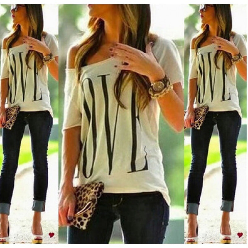 Damen Off-Shoulder T-Shirt mit Schriftzug Groß Eveloria
