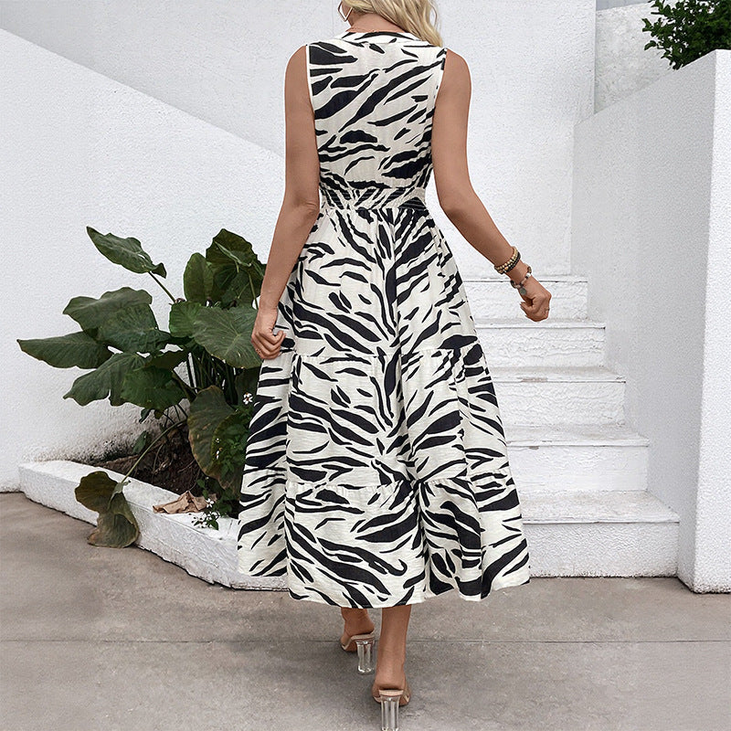 Damen Maxikleid Voluminöser Rock Zebramuster weiß