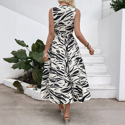 Damen Maxikleid Voluminöser Rock Zebramuster weiß