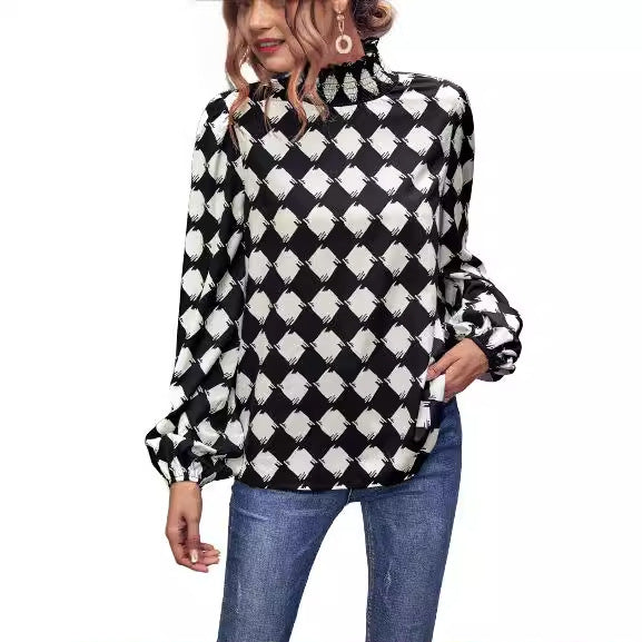 Damen Bluse Hochgeschlossener Kragen Grafisches Muster Eveloria
