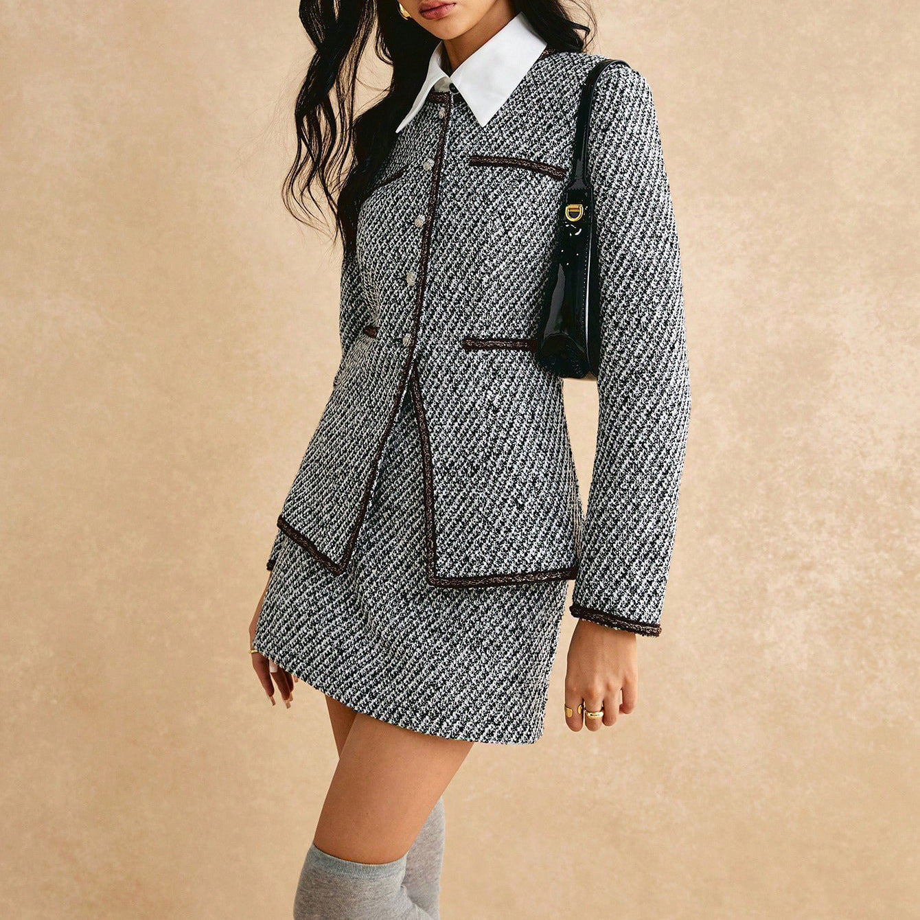 Damen Tweedjacke mit Rock Modisch Braun Eveloria