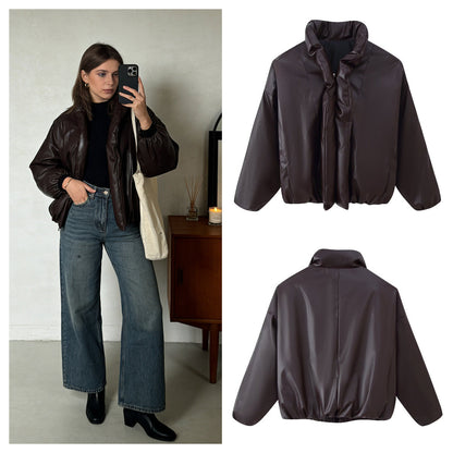 Damen Cropped Jacke Voluminöser Stehkragen Schwarz Eveloria - Eveloria