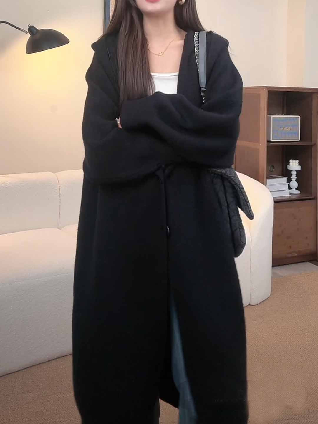 Damen Strickmantel Lässig Kapuze Weite Ärmel Beige