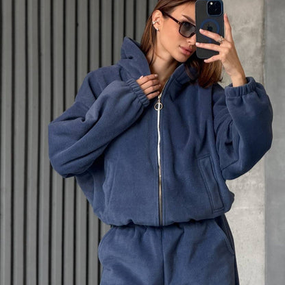 Damen Velours Jogginganzug mit Kapuze und Reißverschluss Bequem