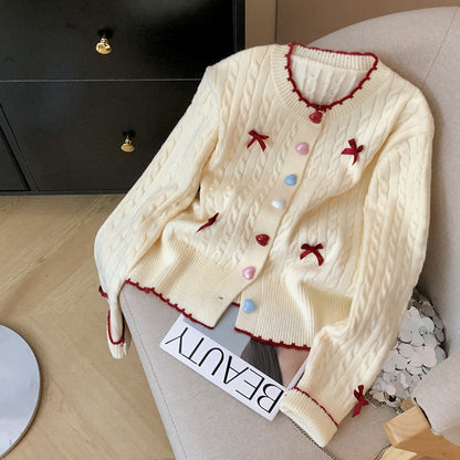 Damen Grobstrick Cardigan mit Knöpfen und Schleifen Beige