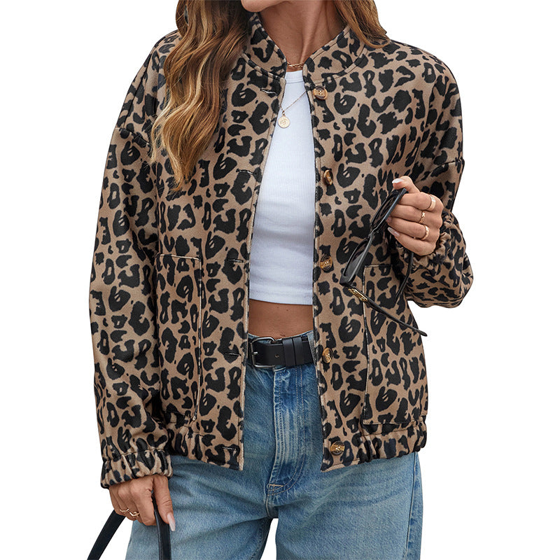 Damen Kurzjacke Leopardenmuster Knopfdetails