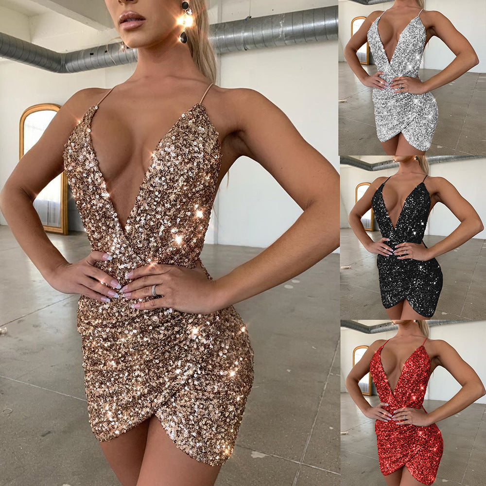 Damen Partykleid V-Ausschnitt Paillettenbesatz Eveloria