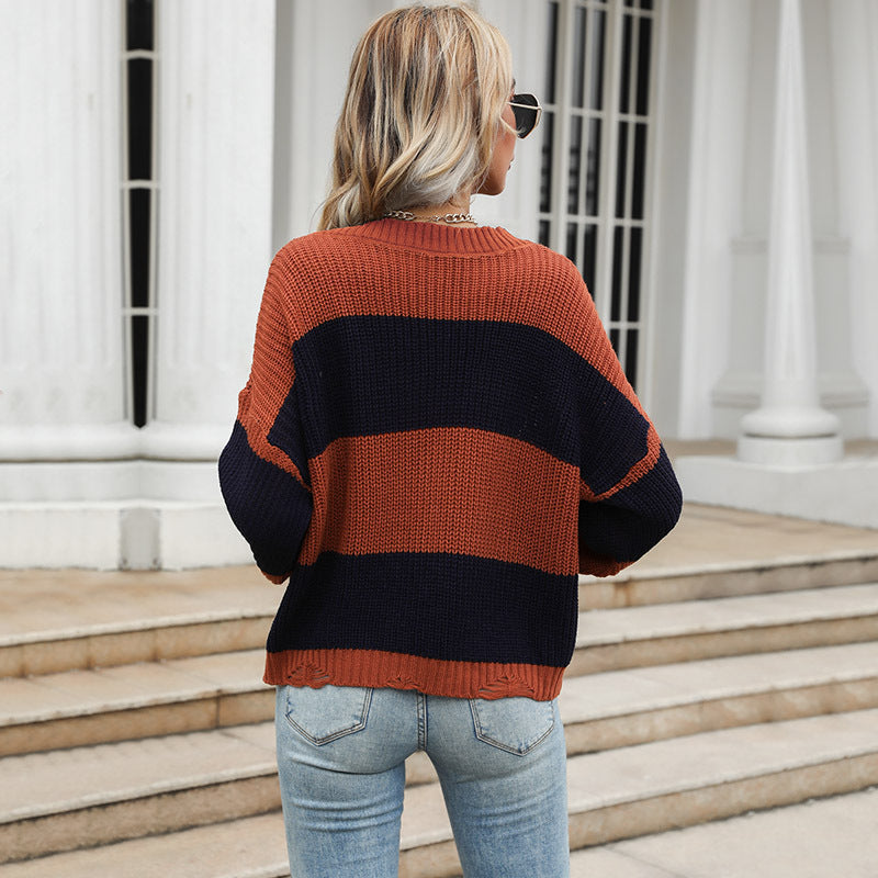 Damen Oversized Strickpullover V-Ausschnitt Blockstreifen