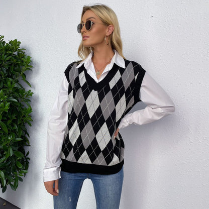 Damen Ärmelloser Pullover Rautenmuster V-Ausschnitt Eveloria - Eveloria