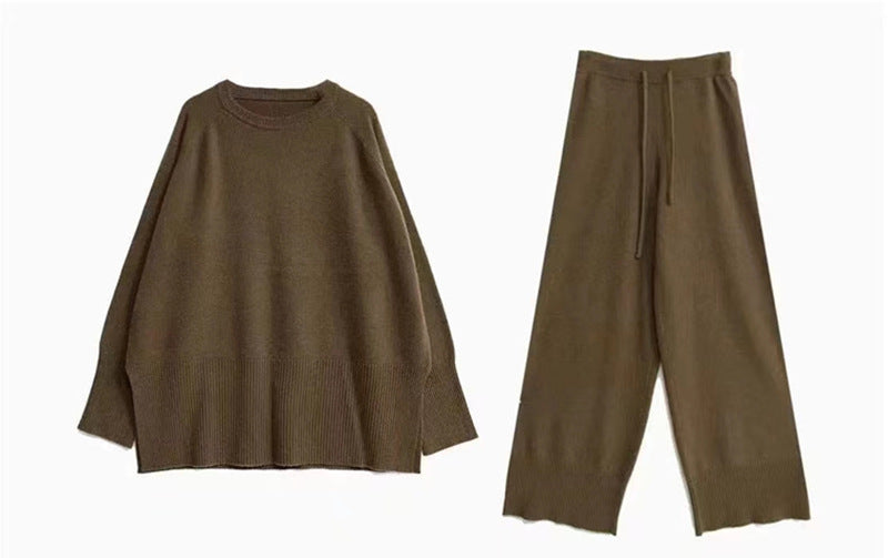 Damen Strickensemble Rundhalsausschnitt Weites Bein Eveloria