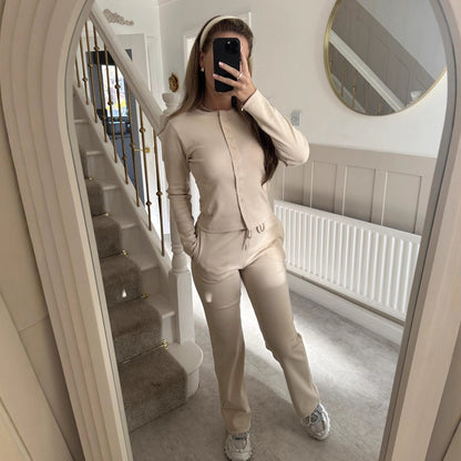 Damen Strickanzug mit Knöpfen Elegant Braun