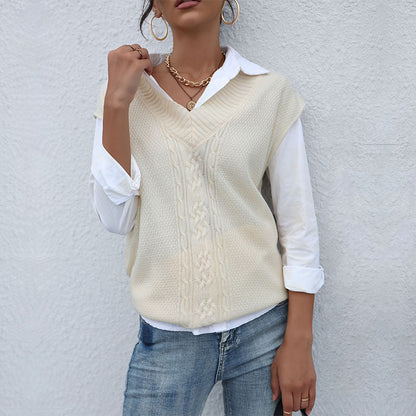 Damen Strickweste V-Ausschnitt Zopfmuster Beige