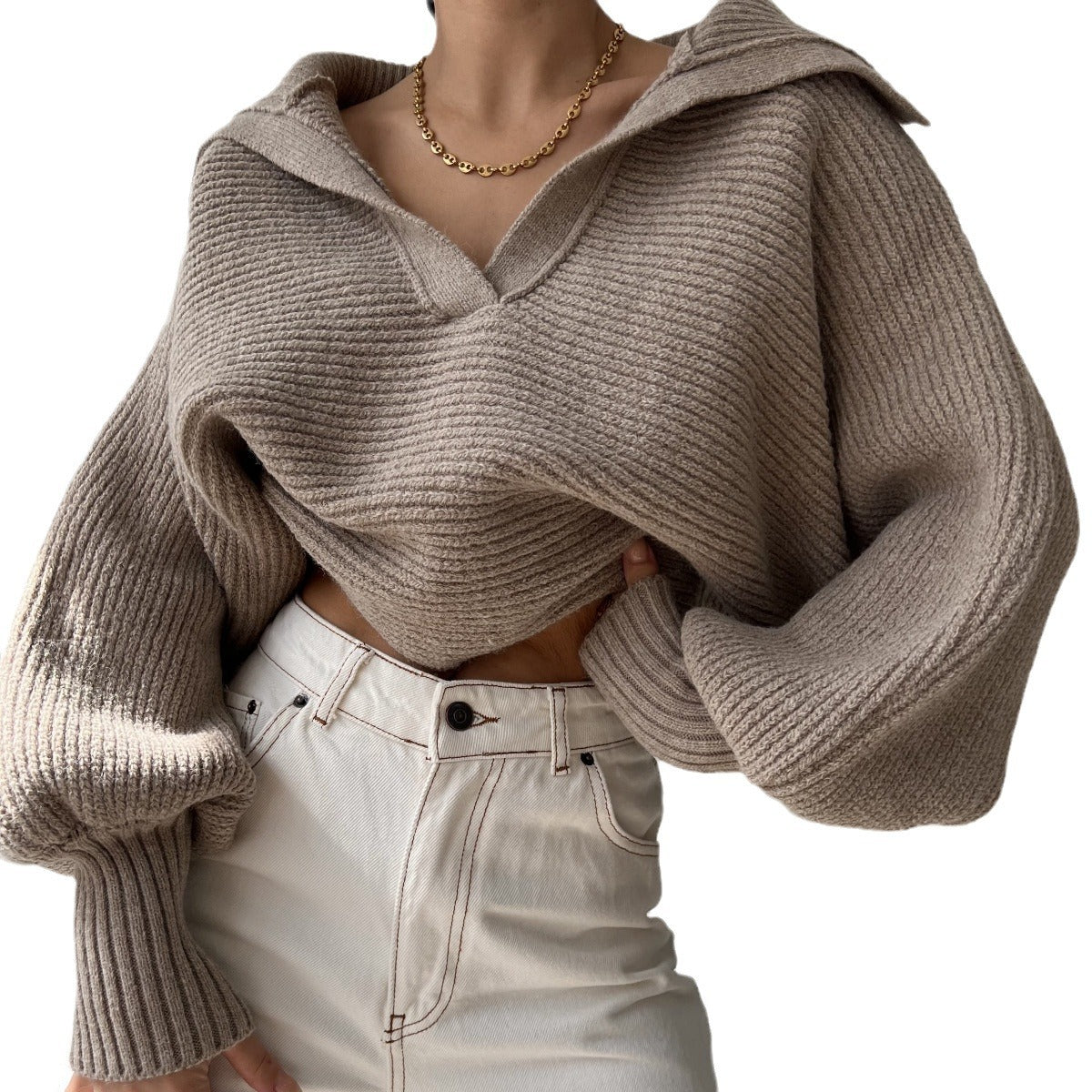 Damen Cropped Pullover Hochärmelig aus Kaschmir grau
