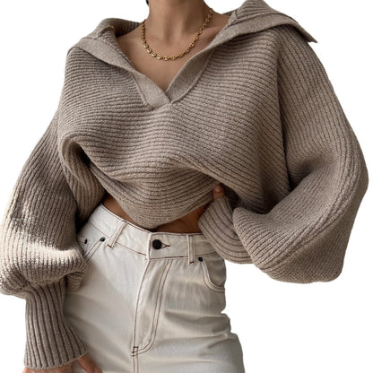 Damen Cropped Pullover Hochärmelig aus Kaschmir grau