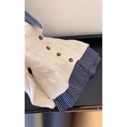 Damen Strickjacke Karostoffkragen Knöpfe Beige