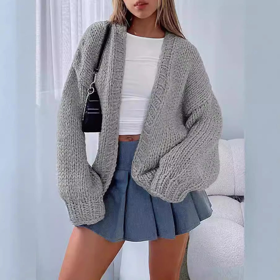 Damen Cardigan Weich Strick Voluminöse Ärmel Offene Front Beige