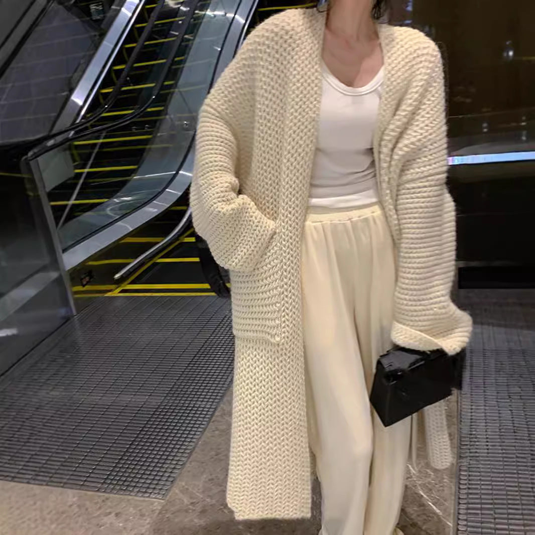 Damen Cardigan Grobstrick Offene Taschen Lässig Beige - Eveloria
