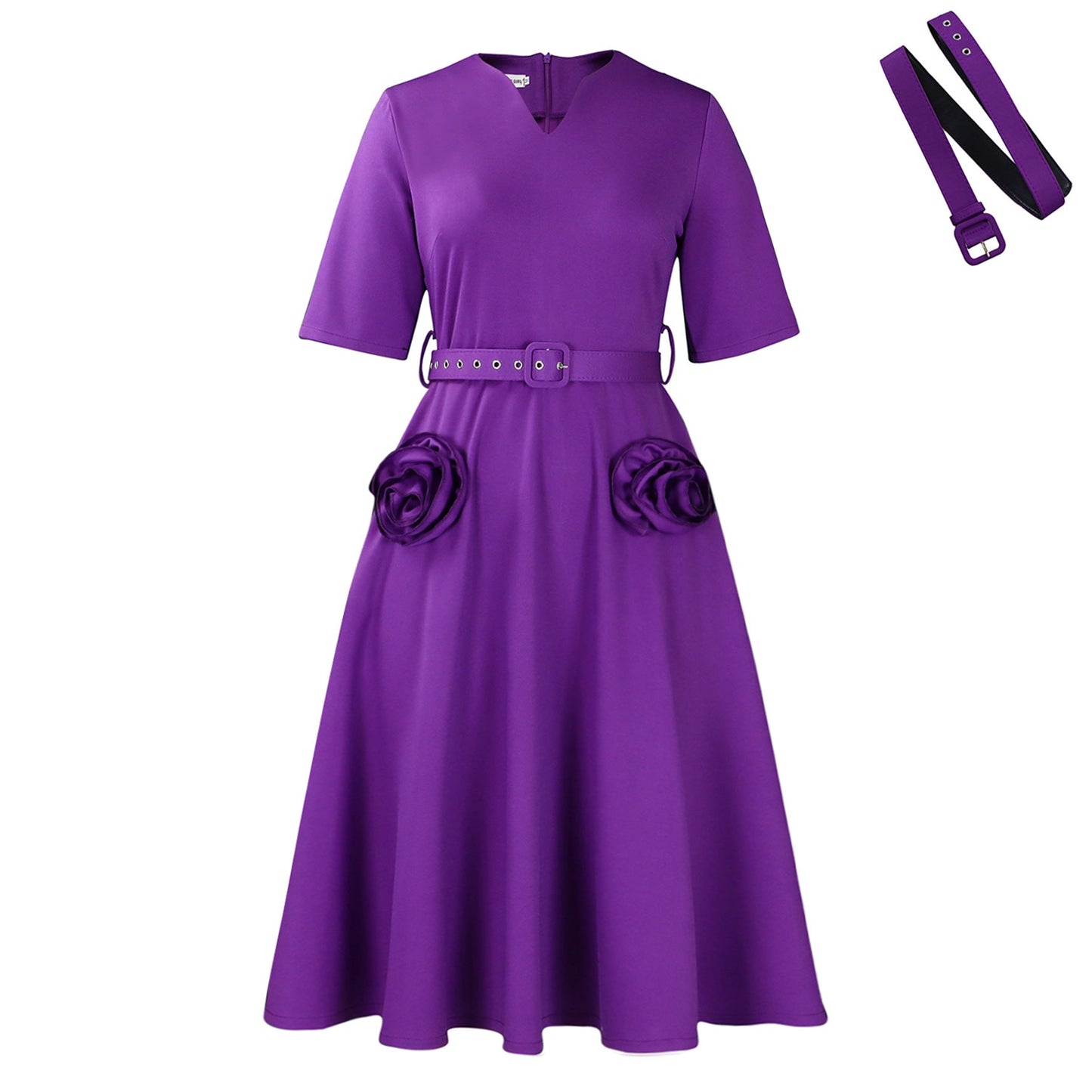 Damen Midi-Kleid Blumenapplikationen Taillengürtel Eveloria