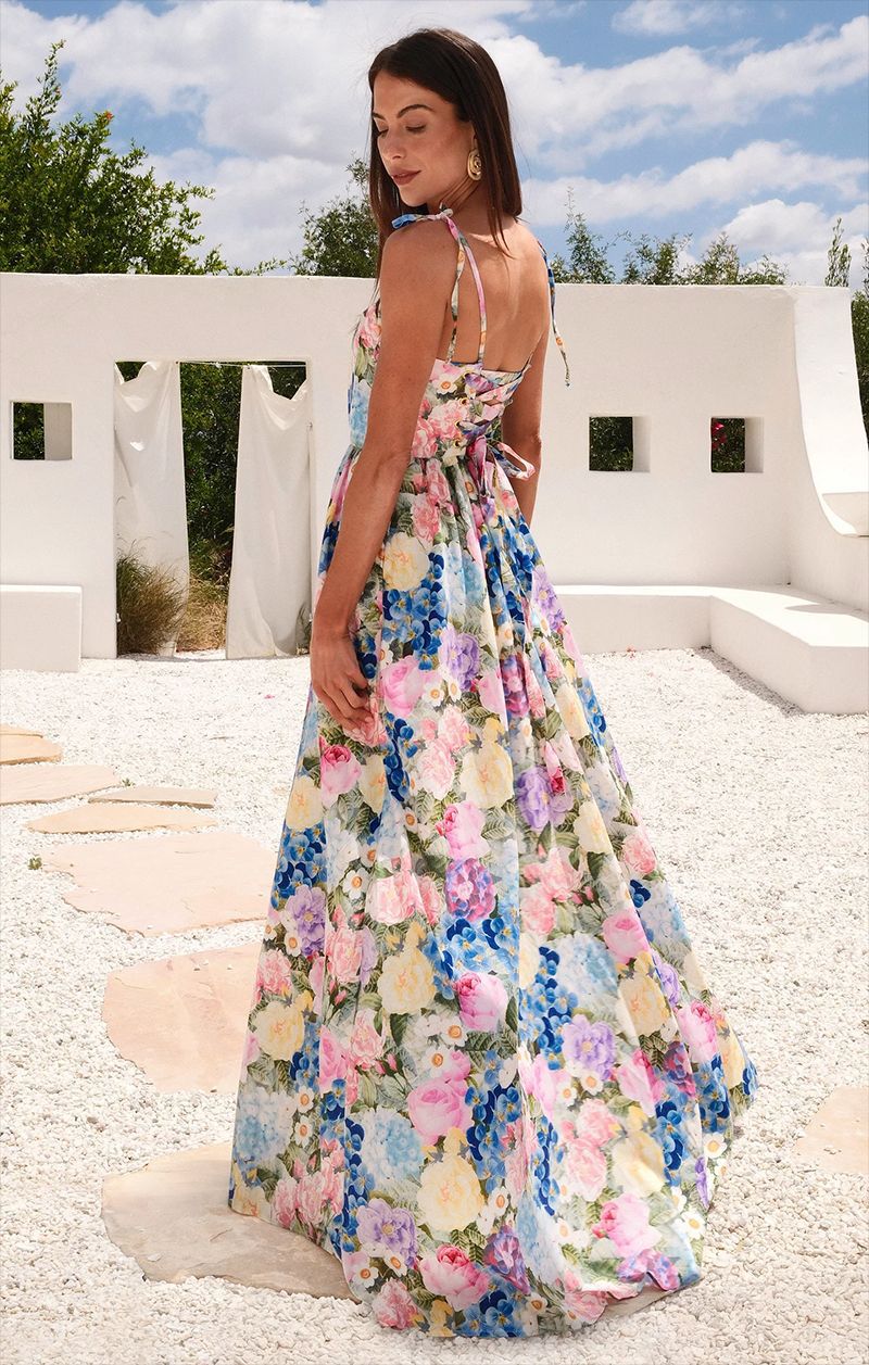 Damen Maxi-Kleid Langarm Floralmuster Rüschendetails