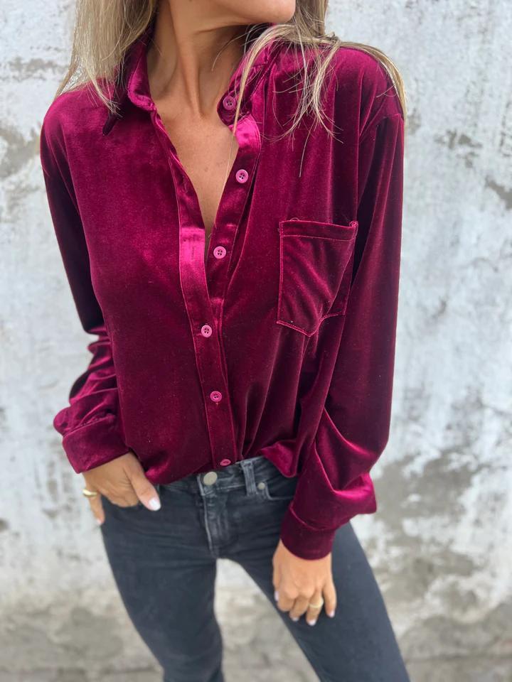 Damen Samtbluse Elegante Bluse Mit Brusttasche Eveloria
