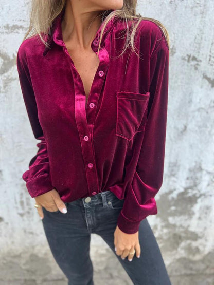Damen Samtbluse Elegante Bluse Mit Brusttasche Eveloria