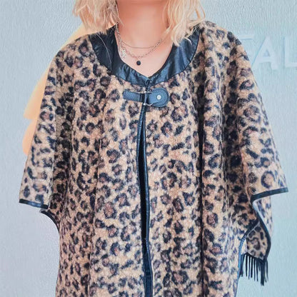Damen Poncho Fransen Tierprint
