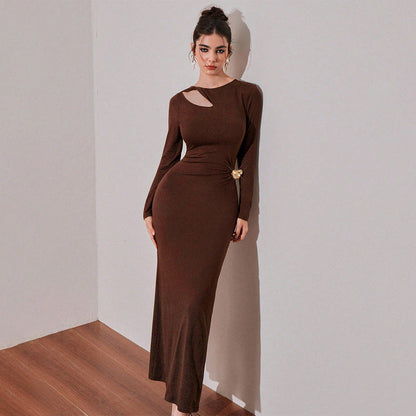 Damen Maxikleid Asymmetrischer Ausschnitt Drapierung Schwarz - Eveloria