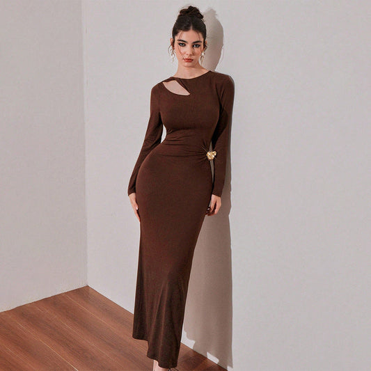 Damen Maxikleid Asymmetrischer Ausschnitt Drapierung Schwarz - Eveloria