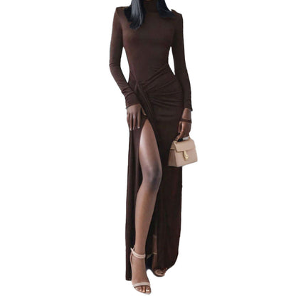 Damen Maxikleid Hohem Stehkragen Asymmetrisch Eveloria