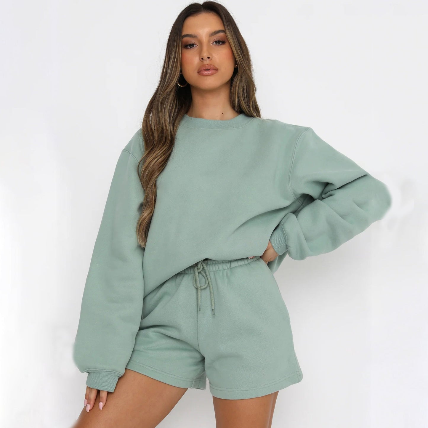 Damen Sweatset Kurzarmoberteil und Shorts aus Baumwolle Beige