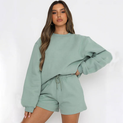 Damen Sweatset Kurzarmoberteil und Shorts aus Baumwolle Beige