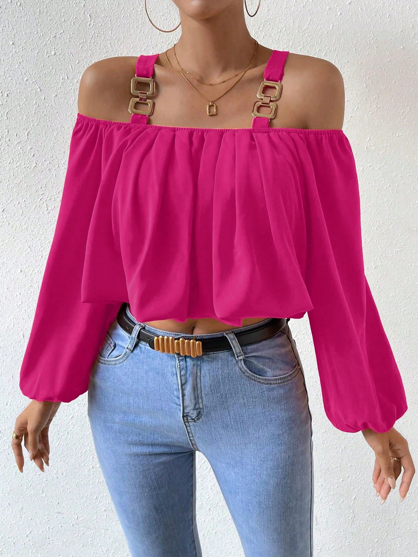 Damen Off-Shoulder Bluse Dekorative Träger Elegante Raffung