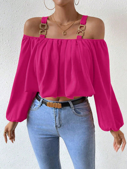 Damen Off-Shoulder Bluse Dekorative Träger Elegante Raffung