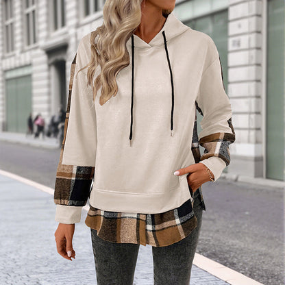 Damen Kapuzenpullover Kariert Patchwork Baumwolle