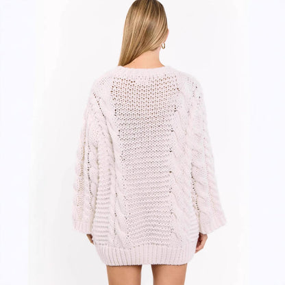 Damen Grobstrickpullover Zopfmuster Lässig Beige