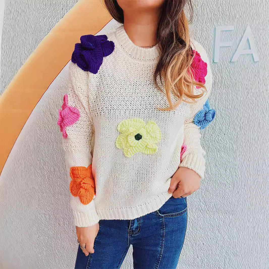 Damen Pullover Bunt Blumenapplikationen Eveloria