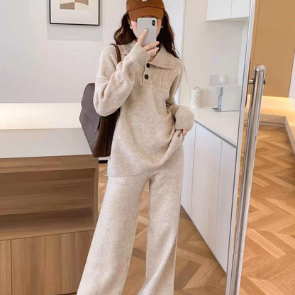 Damen Strickanzug Weite Passform Dekorative Knöpfe Beige