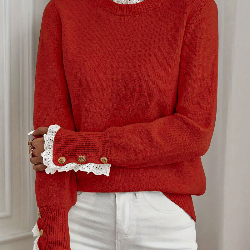 Damen Strickpullover Rüschendetails Knopfverzierung