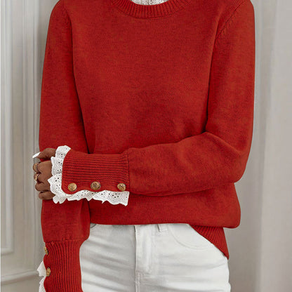 Damen Strickpullover Rüschendetails Knopfverzierung