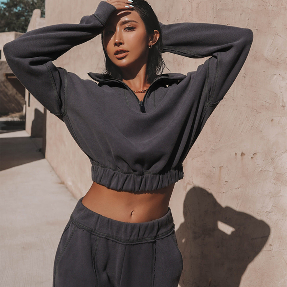 Damen Hoodie Cropped Reißverschluss Gummizug Grau