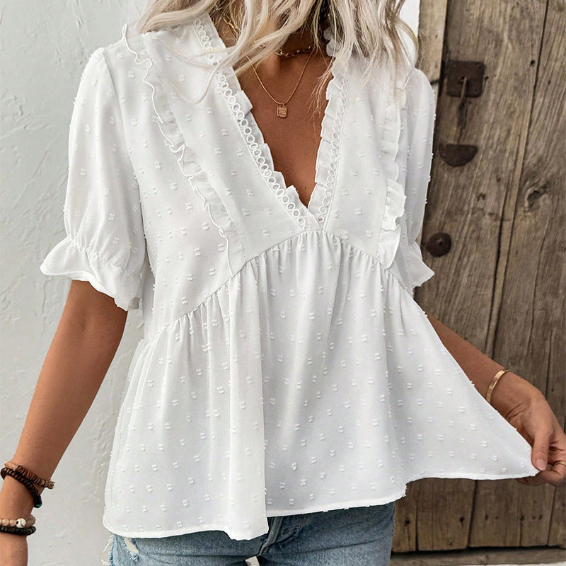 Damen Oberteil mit Rüschendetails V-Ausschnitt Bluse Eveloria