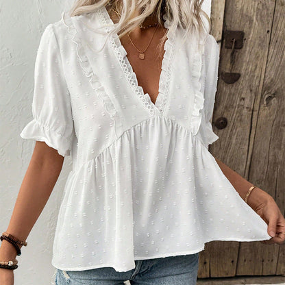 Damen Oberteil mit Rüschendetails V-Ausschnitt Bluse Eveloria