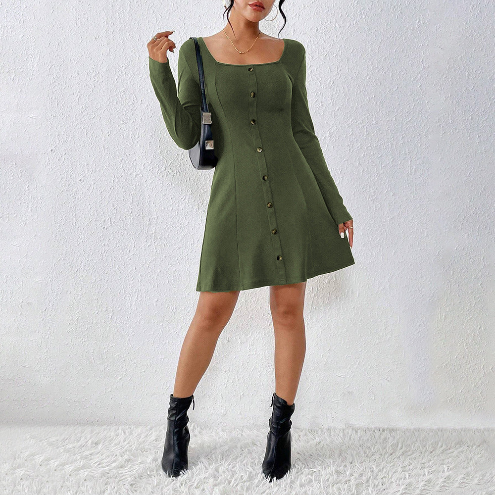 Damen Knopfleiste Kleid Langarm Quadrat-Ausschnitt