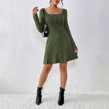 Damen Knopfleiste Kleid Langarm Quadrat-Ausschnitt