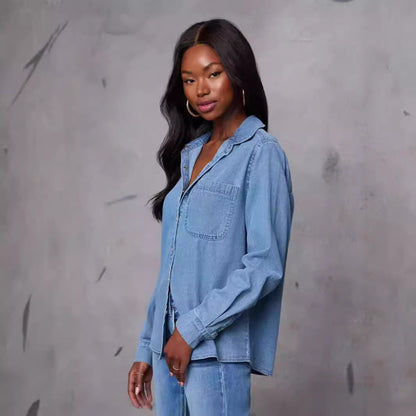 Damen Jeanshemd mit Brusttasche und modischen Akzenten Blau Eveloria